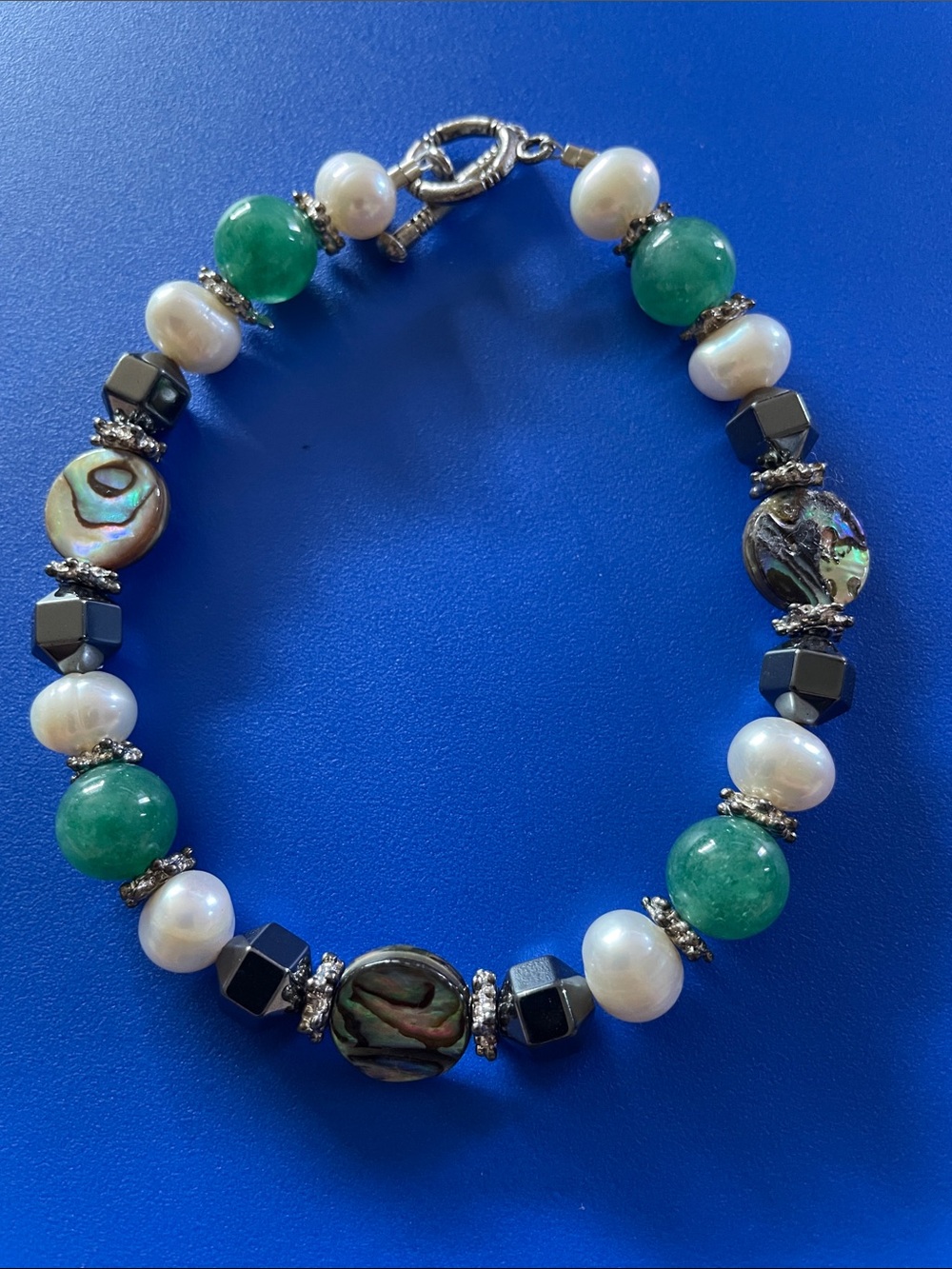 Pearl, Green Stone & Abalone Bead Bracelet